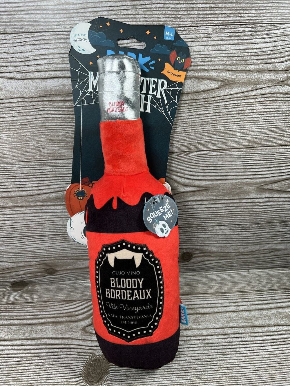 Bark Box Vampire Bloody Bordeaux Halloween Wine Bottle Dog Toy Plush Squeeze